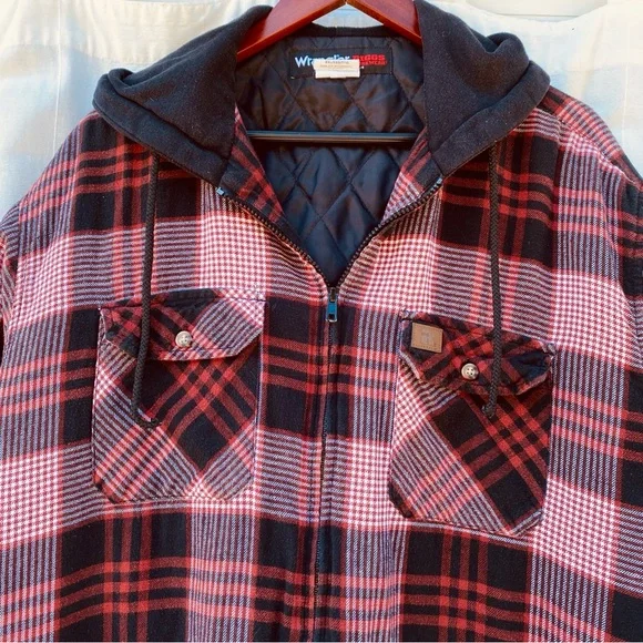 Wrangler Riggs Workwear Full Zip Red Pink Black Plaid Hooded Jacket XXL 27x31 - Picture 2 of 7